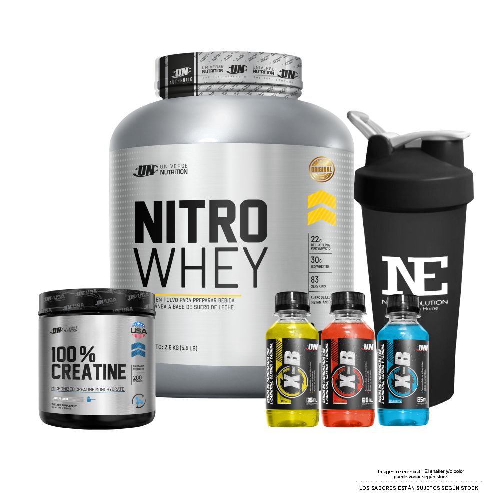 COMBO UNIVERSE NUTRITION - NITRO WHEY 2.5 KG. VAINILLA + 100% CREATINE 500 GR. + SHAKER - 1