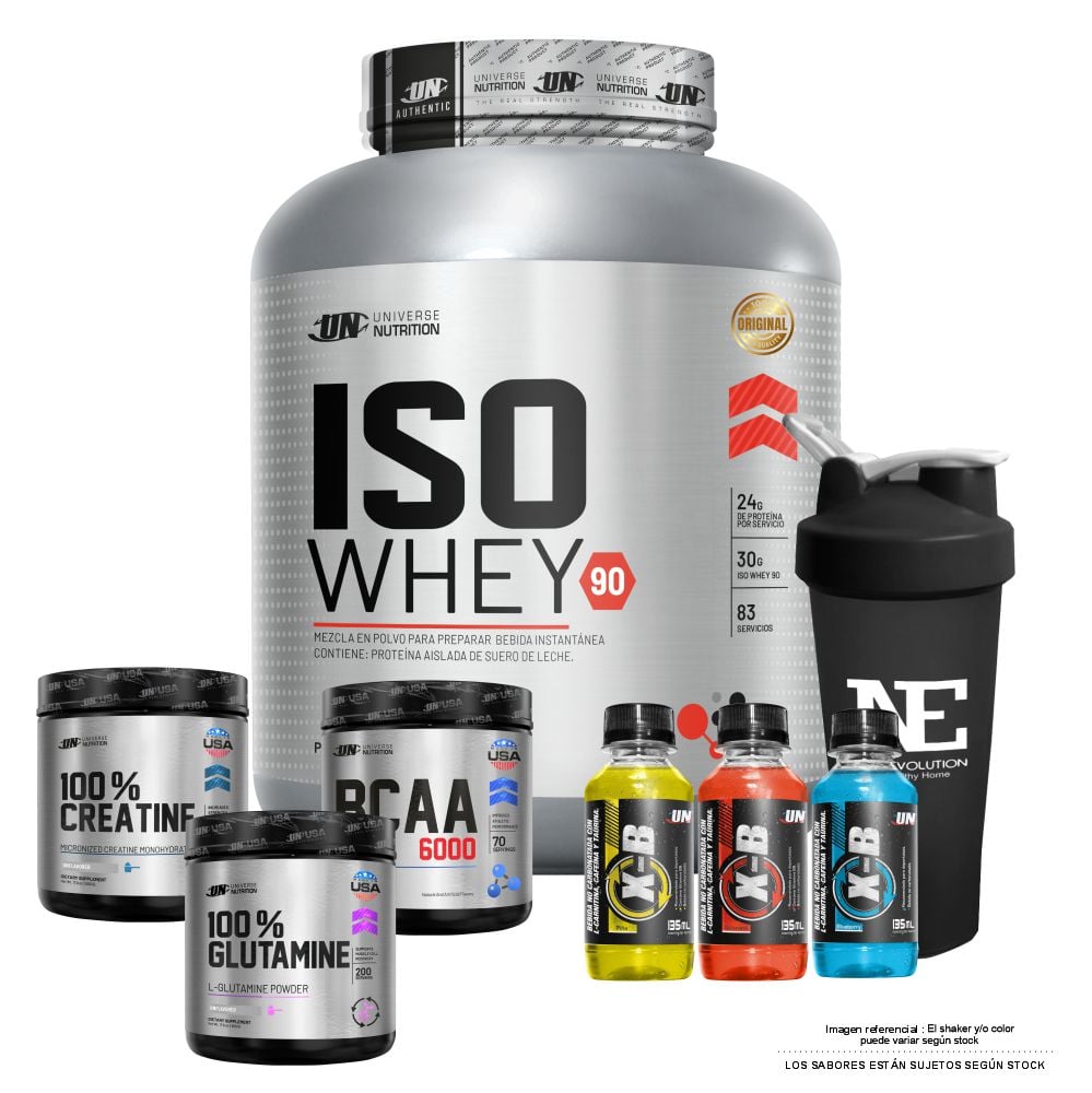 COMBO UN - ISO WHEY 90 2.5KG. CHOCOLATE + 100% CREATINE 500 GR. + BCAA 6000 490 GR. FRUIT PUNCH + 100% GLUTAMINE 500 GR. + SHAKER - 1