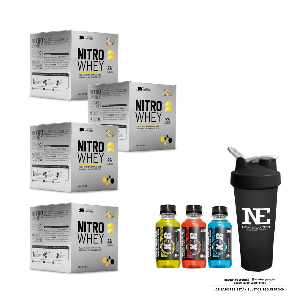 COMBO UNIVERSE NUTRITION - 4 NITRO WHEY CAJA 10 UNID. VAINILLA + SHAKER - 1
