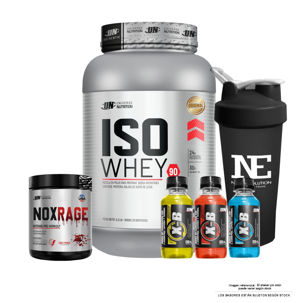 COMBO UNIVERSE NUTRITION - ISO WHEY 90 1 KG. CHOCOLATE + NOX RAGE 350 GR. CITRUS PUNCH + SHAKER - 1