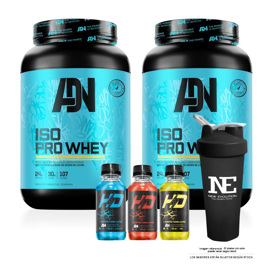 COMBO ADN NUTRITION - 2 ISO PRO WHEY 1 KG. VAINILLA + SHAKER - 1