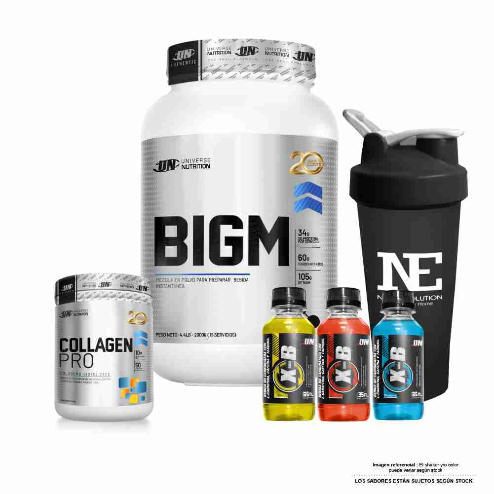 COMBO UNIVERSE NUTRITION - BIGM 2 KG. CHOCOLATE + COLLAGEN PRO 500 GR. MORA + SHAKER - 1