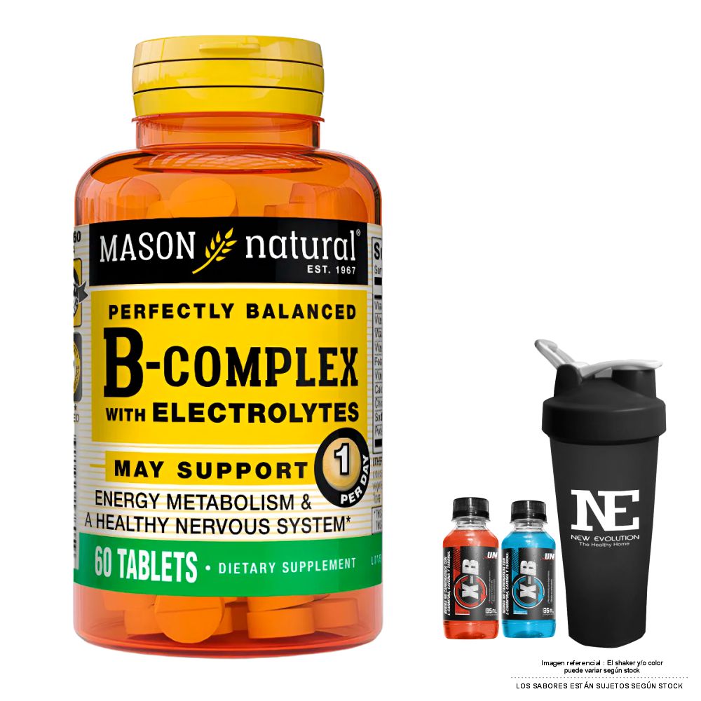 VITAMINAS MASON NATURAL - COMPLEJO B CON ELECTROLITOS (60 TAB) + SHAKER - 1