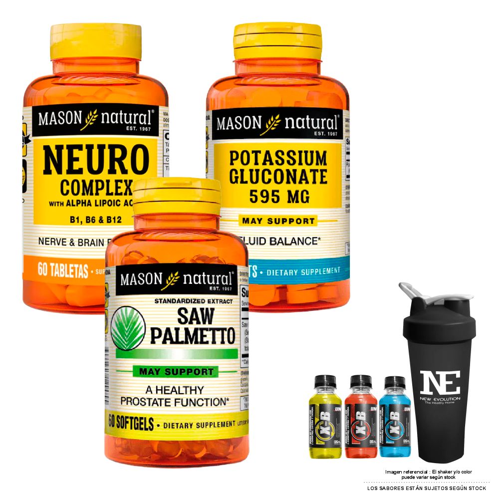 COMBO VITAMINAS MASON - NEURO COMPLEX CON ÁCIDO ALFA LIPOICO + GLUCONATO DE POTASIO + SAW PALMETTO EXTRACTO + SHAKER - 1