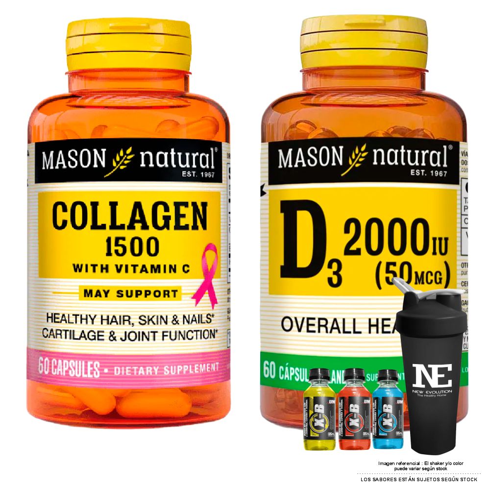 COMBO VITAMINAS MASON NATURAL - COLÁGENO 1500 PLUS + BIOTINA + VITAMINA C (60 CAP) + D-3 2000 UI (60 SOFTG) + SHAKER - 1
