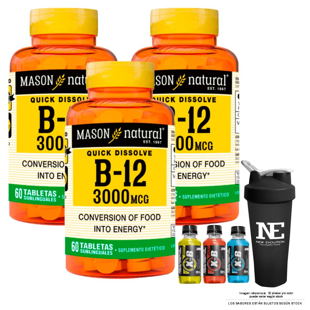 COMBO VITAMINAS MASON NATURAL - 3 VITAMINA B-12 3000 MCG (60 TAB SUBL) + SHAKER - 1