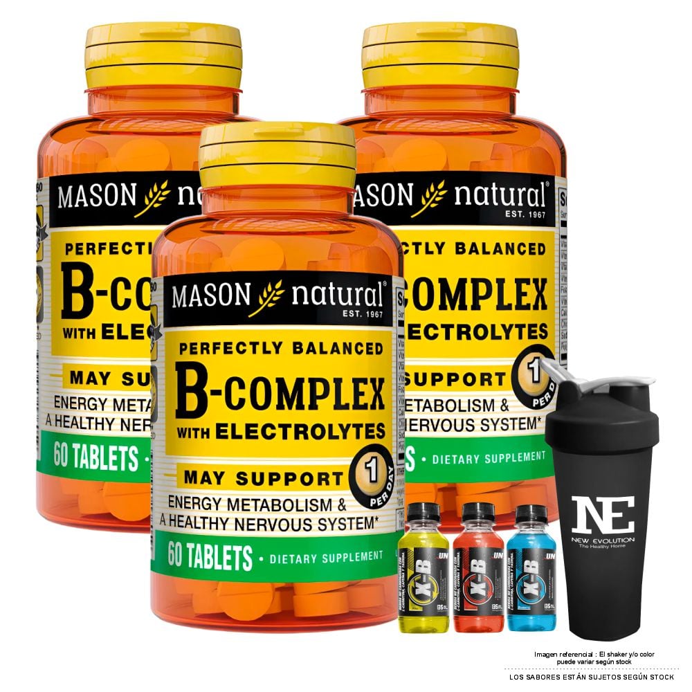 COMBO VITAMINAS MASON NATURAL - 3 COMPLEJO B CON ELECTROLITOS (60 TAB) + SHAKER - 1