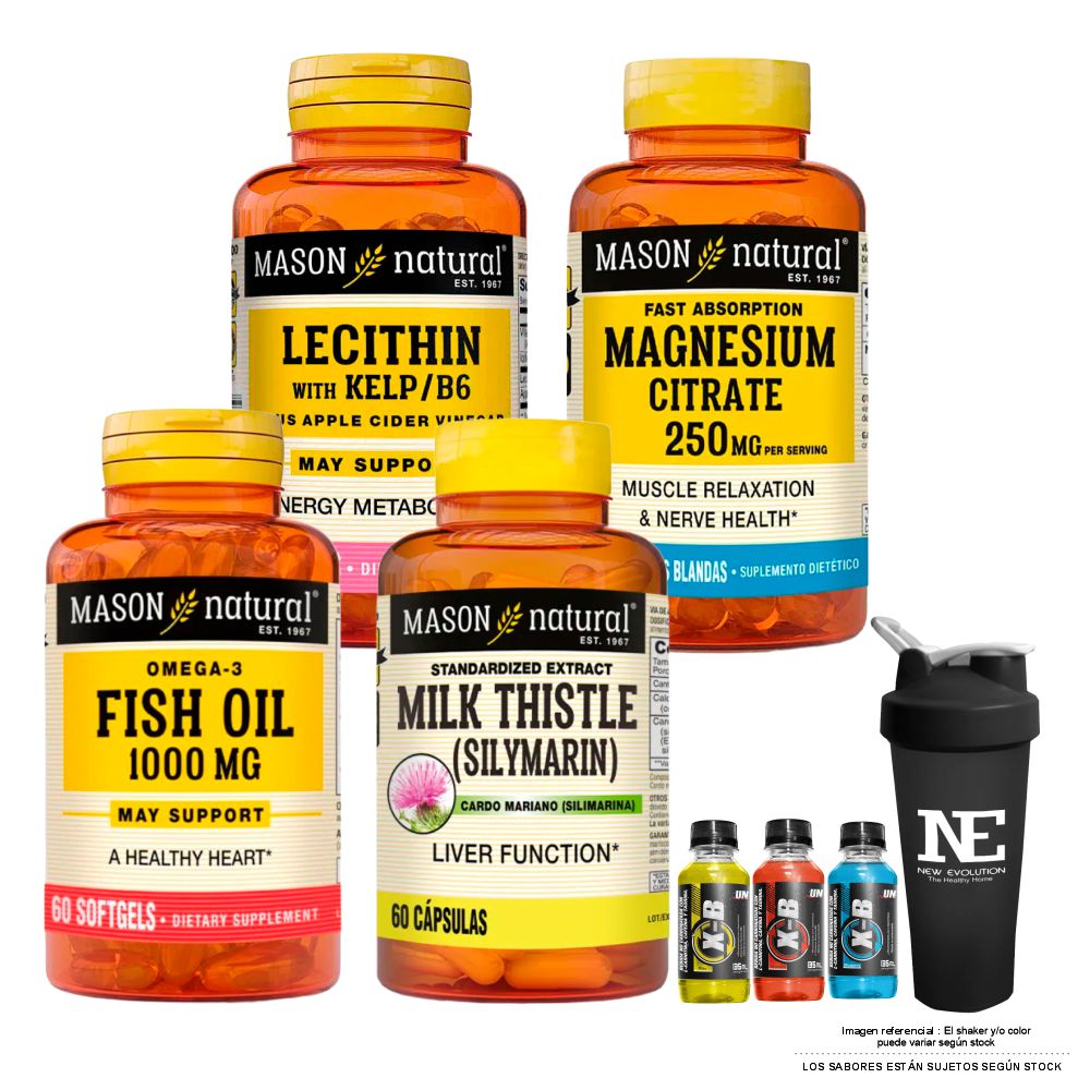 COMBO VITAMINAS MASON- LECITINA KELP B6 + CITRATO DE MAGNESIO+ SILIMARINA(MILK THISTLE)+ OMEGA 3 FISH OIL 1000MG +SHAKER - 1