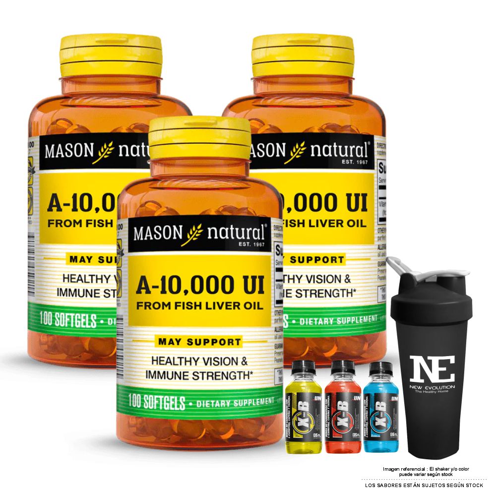 COMBO VITAMINAS MASON NATURAL - 3 VITAMINA A 10,000 UI FROM FISH LIVER OIL (100 SOFTG) + SHAKER - 1