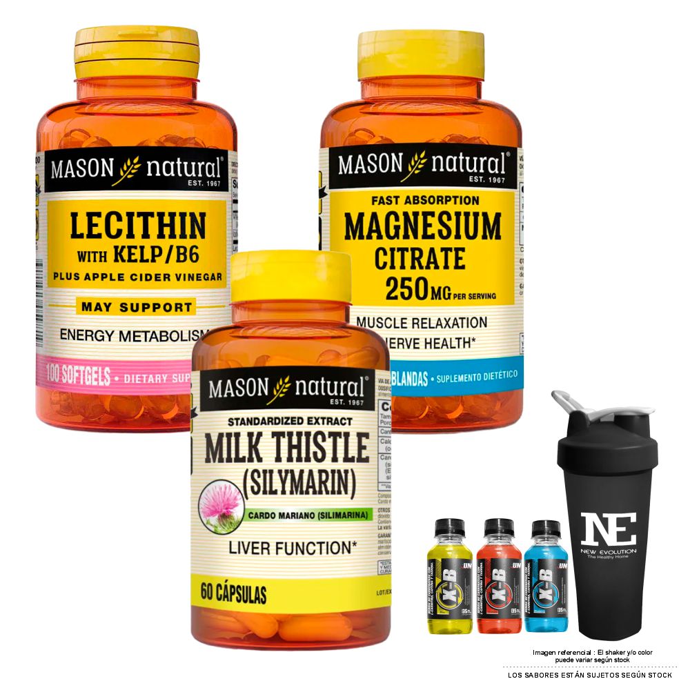 COMBO VITAMINAS MASON NATURAL - LECITINA KELP B6 (100 SOFTG) + CITRATO DE MAGNESIO + SILIMARINA (MILK THISTLE) + SHAKER - 1