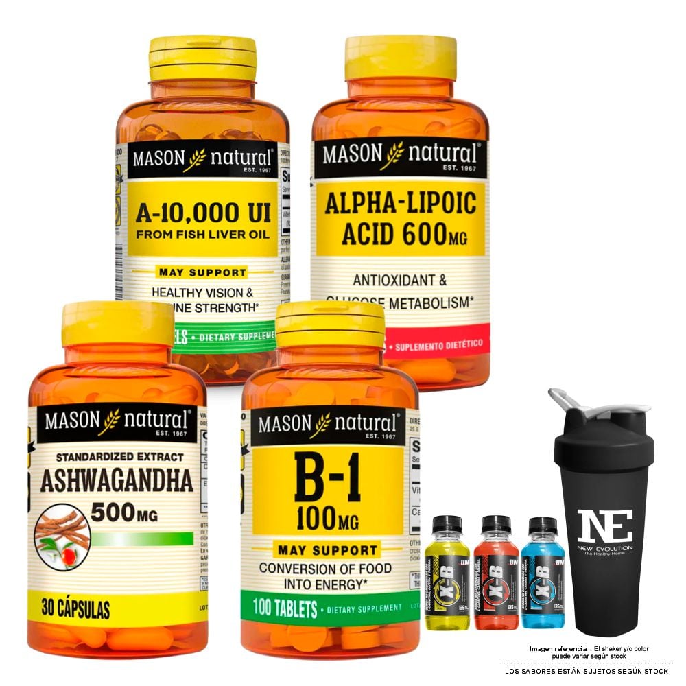 COMBO VITAMINAS MASON - VITAMINA A 10,000 UI + ÁCIDO ALFA LIPOICO + ASHWAGANDHA 500MG + VITAMINA B-1 100 MG + SHAKER - 1
