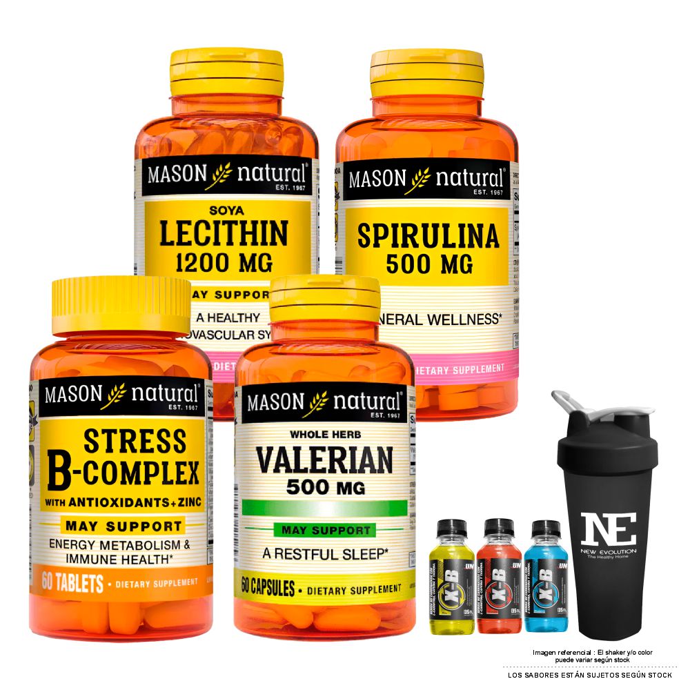 COMBO VITAMINAS MASON- LECITINA DE SOYA+ ESPIRULINA+ STRESS FORMULA B-COMPLEX CON ANTIOXIDANTES+ VALERIANA 500MG +SHAKER - 1