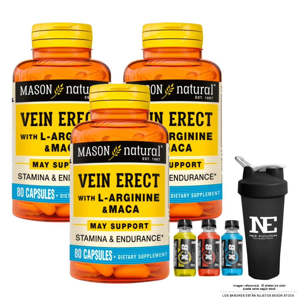 COMBO VITAMINAS MASON NATURAL - 3 VEIN ERECT MACA + L-ARGININA (80 CAP) + SHAKER - 1
