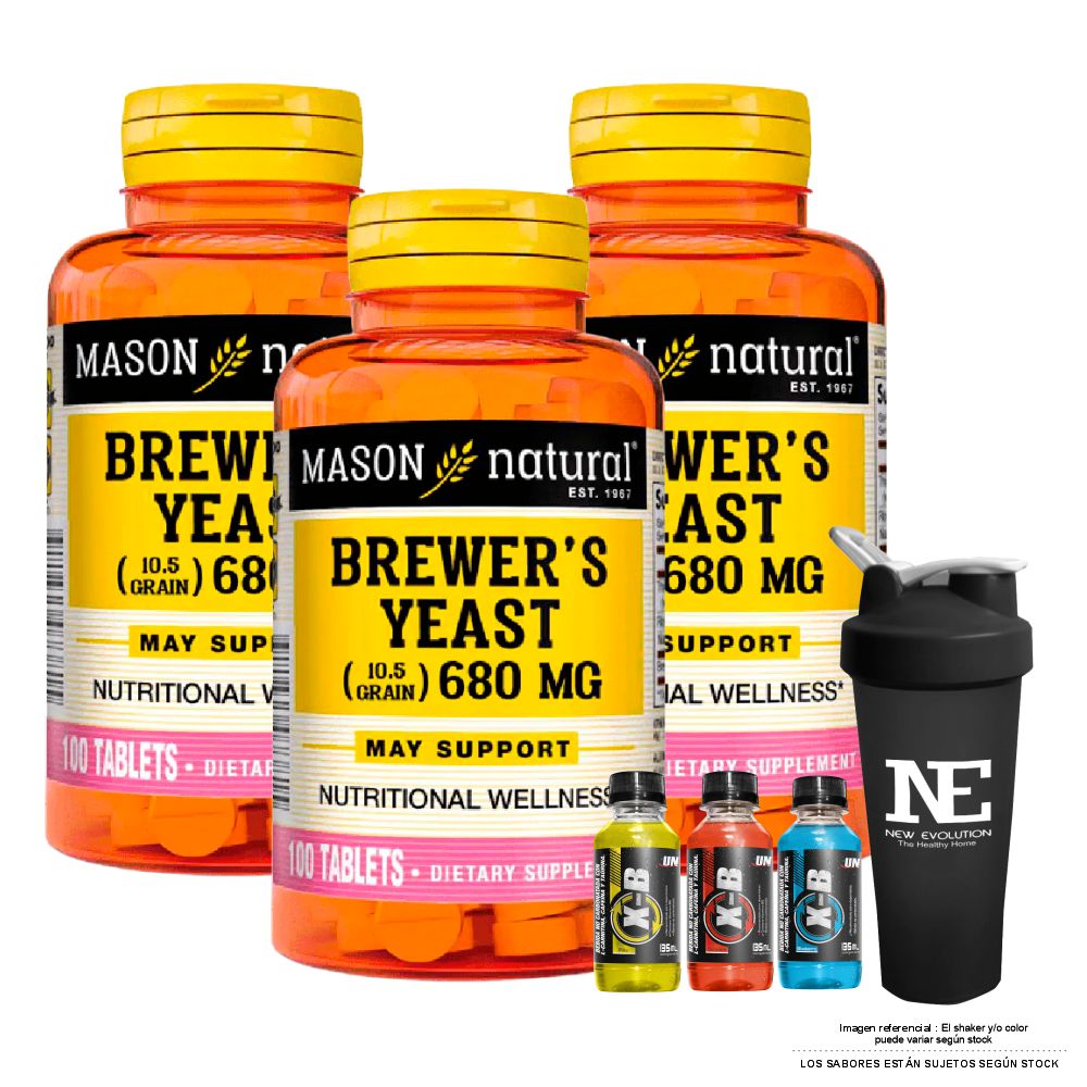 COMBO VITAMINAS MASON NATURAL - 3 LEVADURA DE CERVEZA 680 MG (100 TAB) + SHAKER - 1