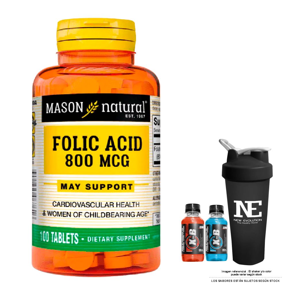 VITAMINAS MASON NATURAL - ÁCIDO FÓLICO 800 MCG (100 TAB) + SHAKER - 1