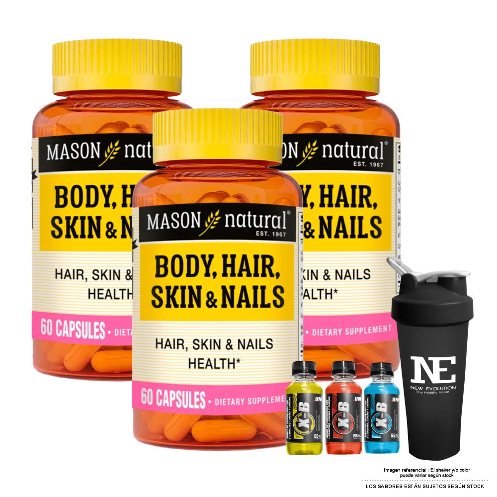 COMBO VITAMINAS MASON NATURAL - 3 MULTIVITAMÍNICO PARA CABELLO, PIEL Y UÑAS (60 CAP) + SHAKER - 1