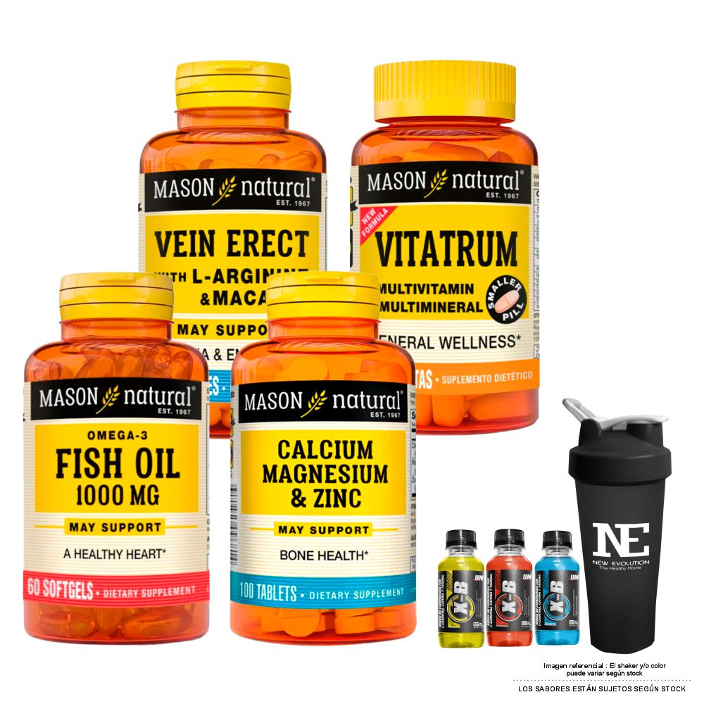 COMBO VITAMINAS MASON - VEIN ERECT MACA + VITATRUM MULTIVITAMINICO + OMEGA 3 FISH OIL + CALCIO,MAGNESIO Y ZINC +SHAKER - 1