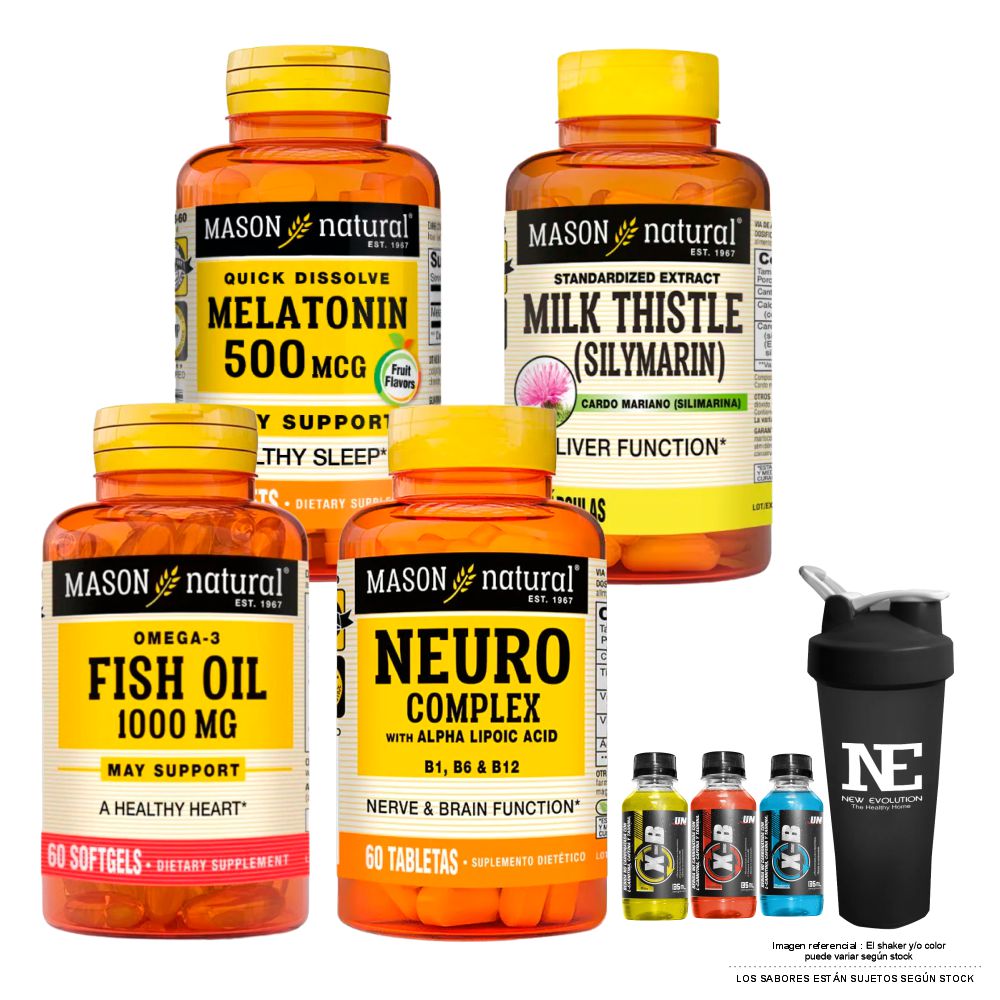 COMBO VITAMINAS MASON - MELATONINA 500 MCG + SILIMARINA+ NEURO COMPLEX CON ÁCIDO ALFA LIPOICO + OMEGA 3 FISH OIL +SHAKER - 1