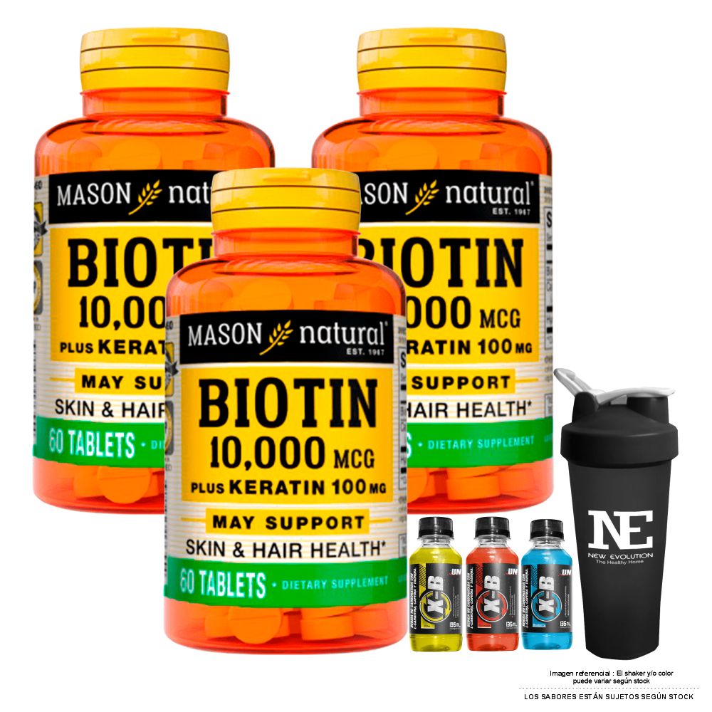 COMBO VITAMINAS MASON NATURAL - 3 BIOTINA 10,000 PLUS KERATINA 100 MG (60 TAB) + SHAKER - 1