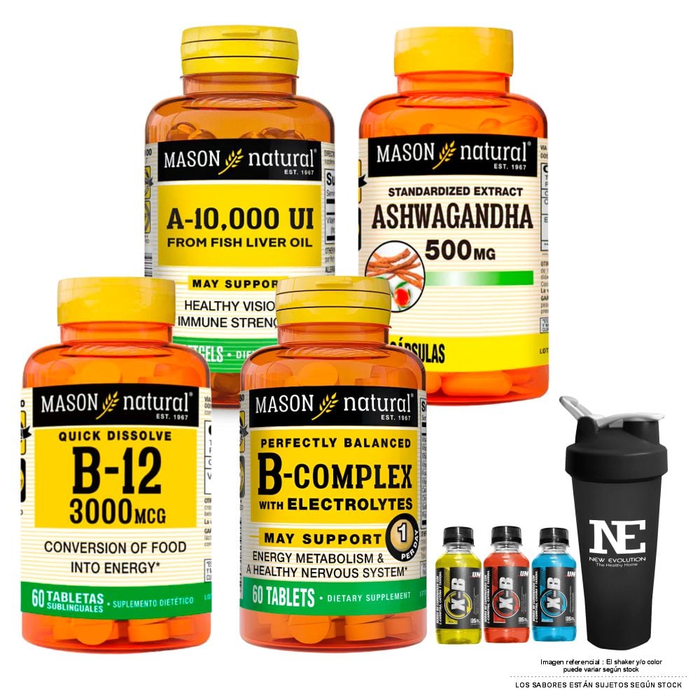 COMBO VITAMINAS MASON- VITAMINA A 10,000 UI +ASHWAGANDHA 500MG+ VITAMINA B-12 3000MCG+COMPLEJO B CON ELECTROLITOS+SHAKER - 1