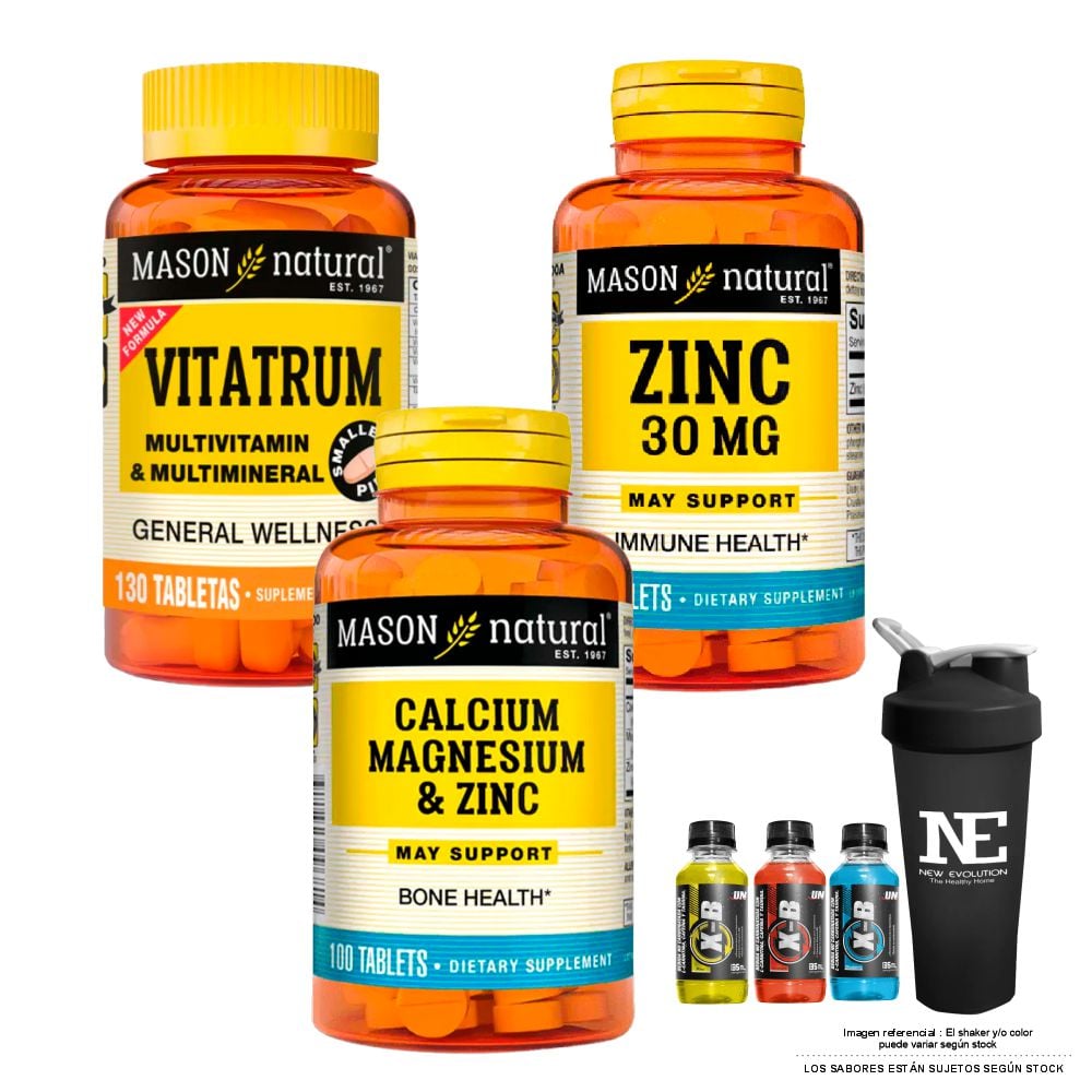 COMBO VITAMINAS MASON NATURAL - VITATRUM MULTIVITAMÍNICO Y MULTIMINERAL + ZINC 30 MG + CALCIO, MAGNESIO Y ZINC + SHAKER - 1
