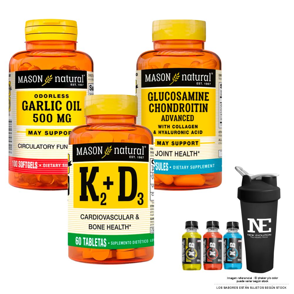 COMBO VITAMINAS MASON - ACEITE DE AJO 500 MG + GLUCOSAMINA CONDROITINA CON ÁCIDO HIALURÓNICO + VITAMINA K2 + D3 + SHAKER - 1
