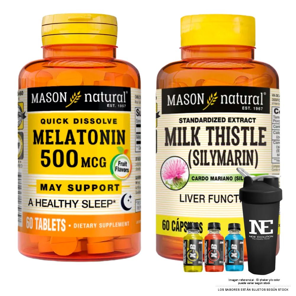 COMBO VITAMINAS MASON NATURAL - MELATONINA 500 MCG (60 TAB SUBLINGUAL) + SILIMARINA (MILK THISTLE) (60 CAP) + SHAKER - 1