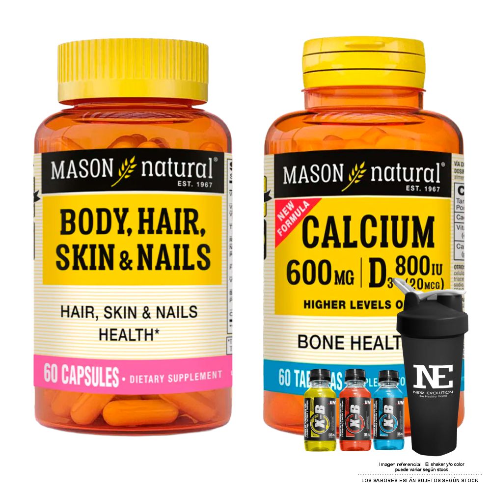 COMBO VITAMINAS MASON NATURAL - MULTIVITAMÍNICO PARA CABELLO, PIEL Y UÑAS + CALCIO 600MG D3 800IU (60 TAB) + SHAKER - 1