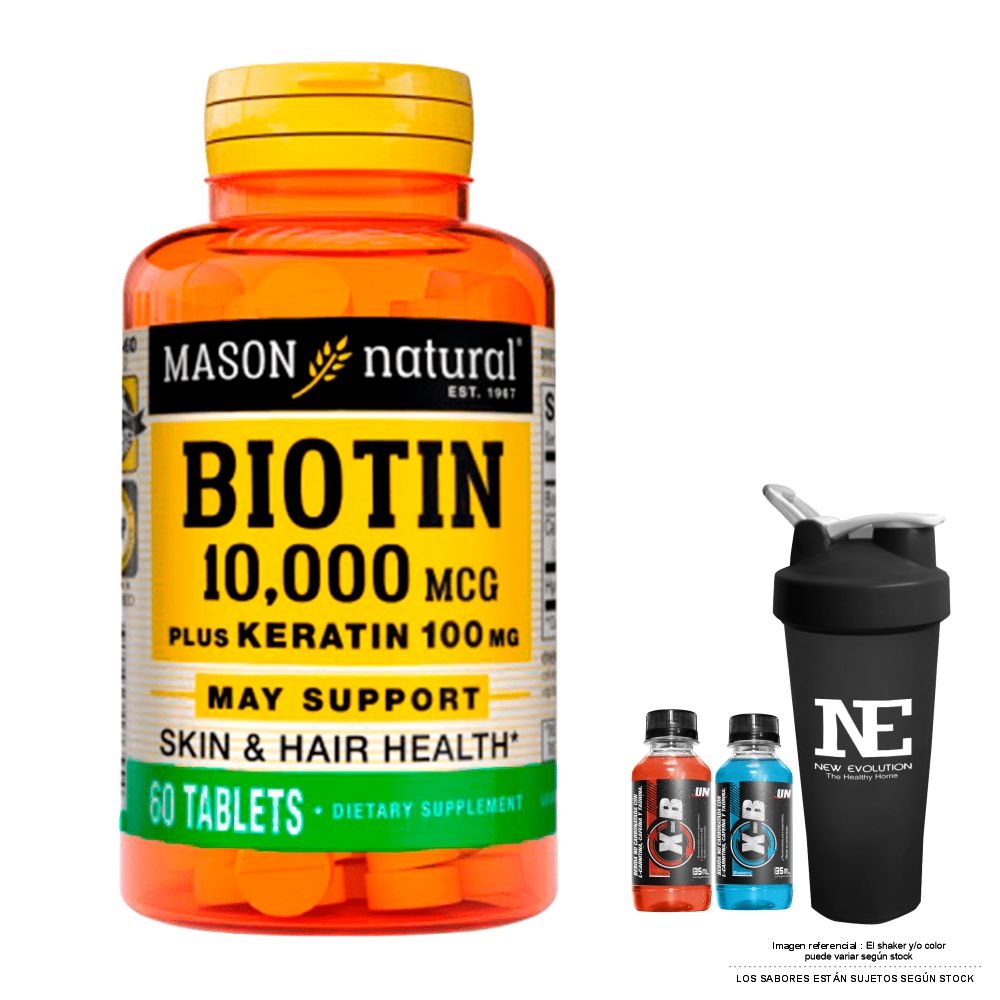 VITAMINAS MASON NATURAL - BIOTINA 10,000 PLUS KERATINA 100 MG (60 TAB) + SHAKER - 1