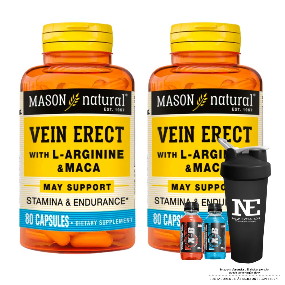 COMBO VITAMINAS MASON NATURAL - 2 VEIN ERECT MACA + L-ARGININA (80 CAP) + SHAKER - 1