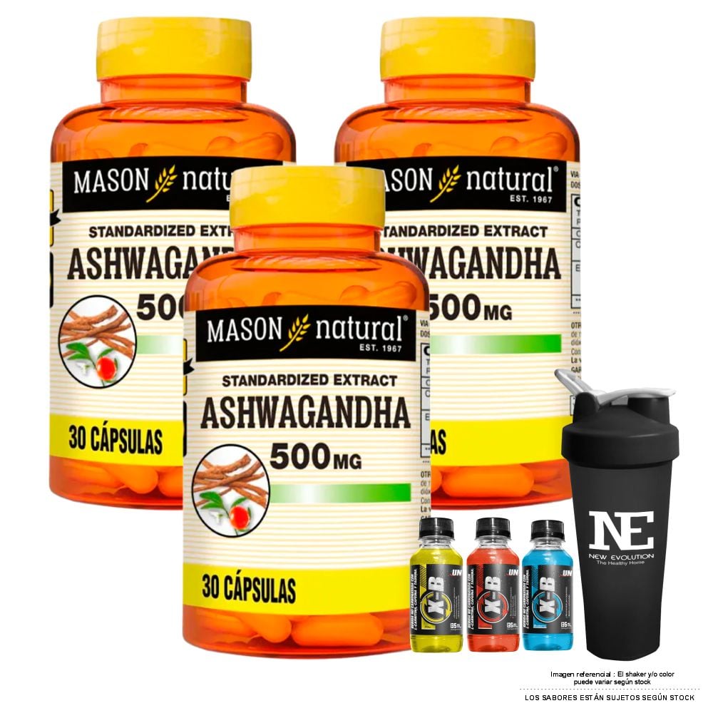 COMBO VITAMINAS MASON NATURAL - 3 ASHWAGANDHA 500 MG (30 CAP) + SHAKER - 1