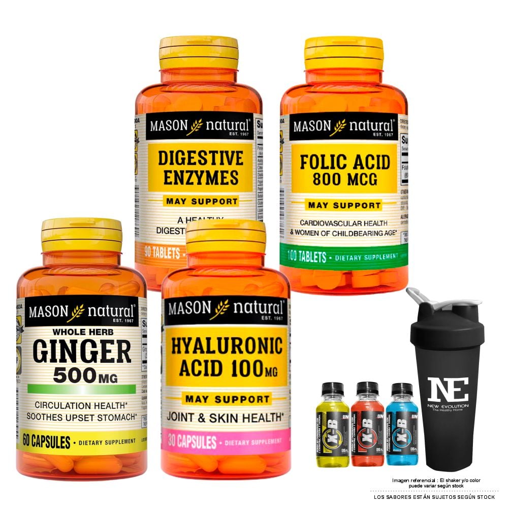COMBO VITAMINAS MASON - ENZIMAS DIGESTIVAS + ÁCIDO FÓLICO 800MCG + GINGER (KION) 500MG + ÁCIDO HIALURÓNICO 100MG +SHAKER - 1
