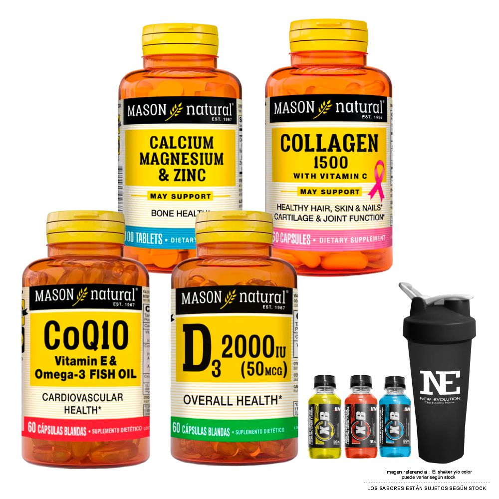 COMBO VITAMINAS MASON- CALCIO,MAGNESIO Y ZINC+ COLÁGENO 1500 PLUS+ COQ10 (VITAMINA E Y OMEGA 3 FISH)+ D-3 2000UI +SHAKER - 1