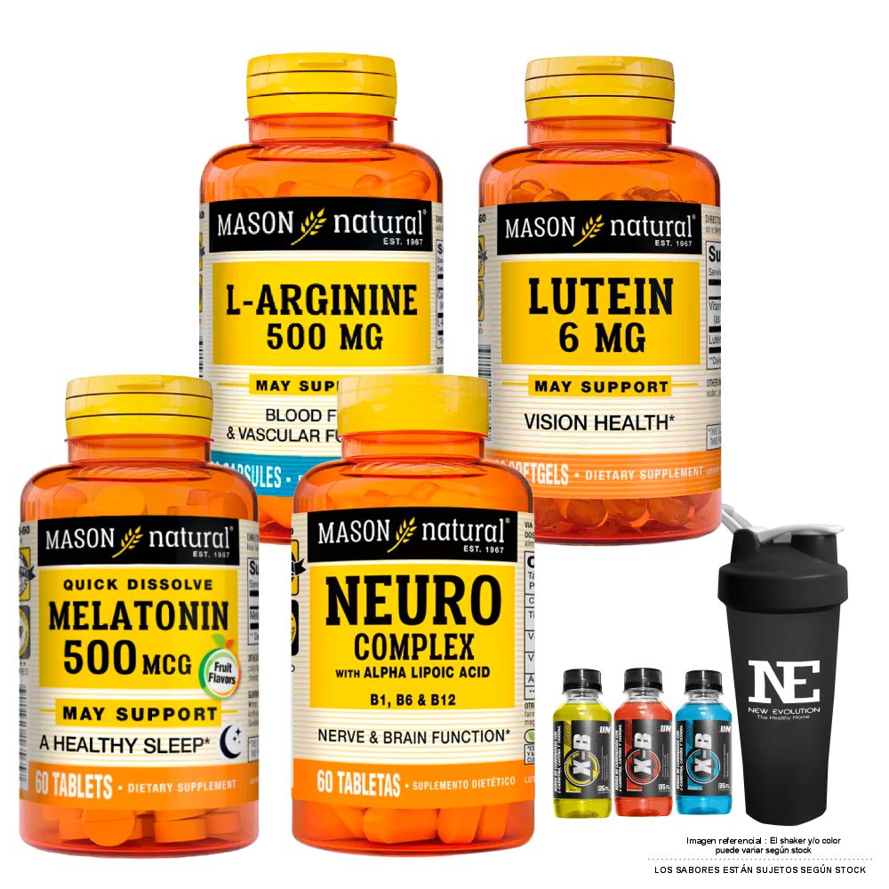 COMBO VITAMINAS MASON- L-ARGININA 500MG + LUTEÍNA 6 MG + MELATONINA 500MCG +NEURO COMPLEX CON ÁCIDO ALFA LIPOICO +SHAKER - 1