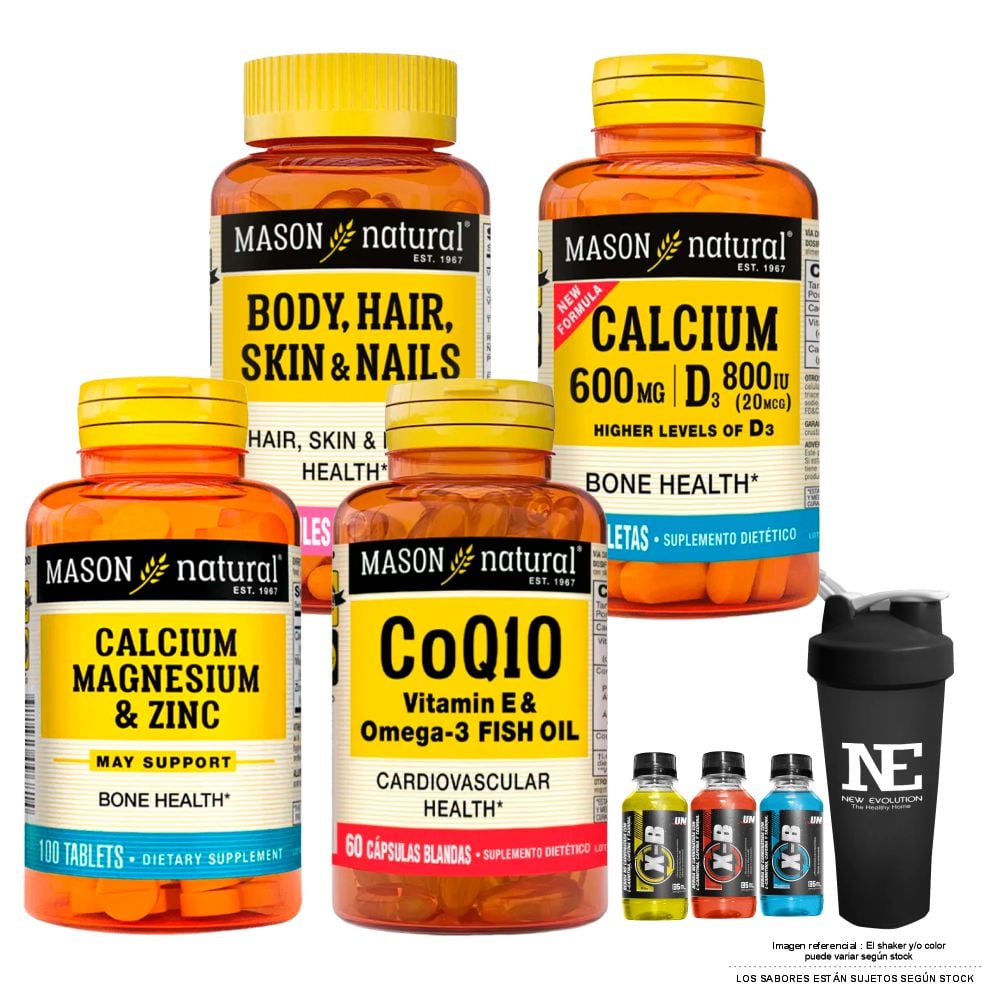 COMBO VITAMINAS MASON - MULTIVITAMÍNICO PARA CABELLO,PIEL+ CALCIO 600MG D3 800IU + CALCIO,MAGNESIO Y ZINC+ COQ10 +SHAKER - 1