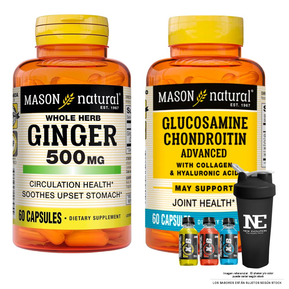 COMBO VITAMINAS MASON NATURAL - GINGER (KION) 500 MG (60 CAP) + GLUCOSAMINA CONDROITINA CON ÁCIDO HIALURÓNICO + SHAKER - 1