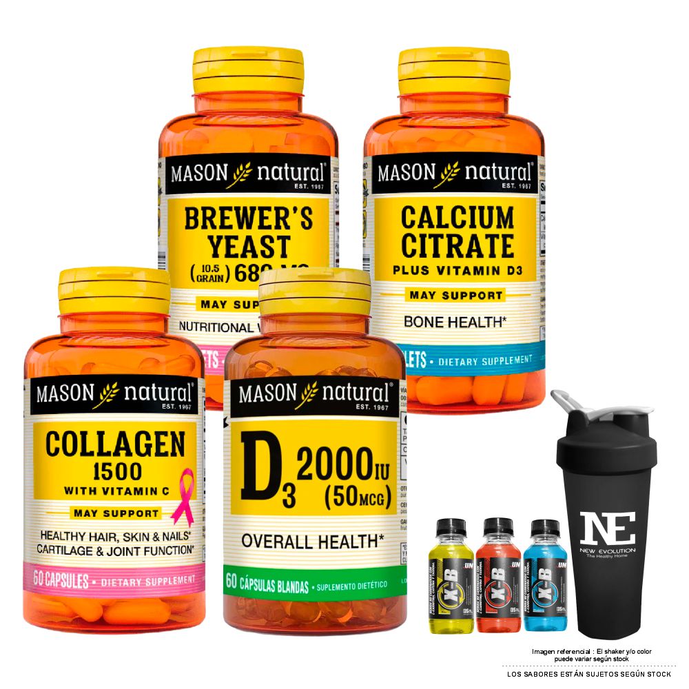 COMBO VITAMINAS MASON- LEVADURA DE CERVEZA+ CITRATO DE CALCIO CON VITAMINA D3 + COLÁGENO 1500 PLUS + D-3 2000 UI +SHAKER - 1