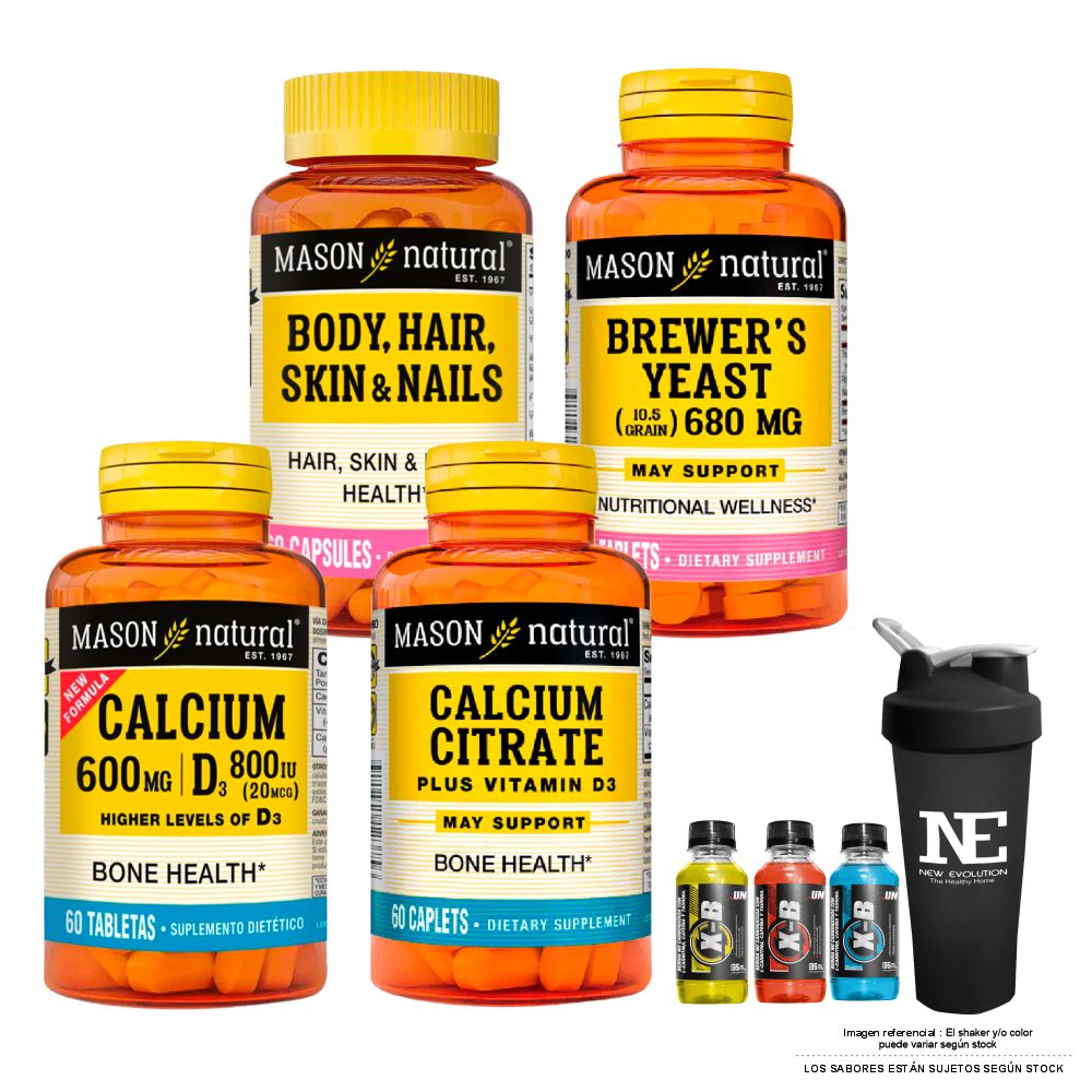 COMBO VITAMINAS MASON- MULTIVITA. PARA CABELLO,PIEL +LEVADURA DE CERVEZA+CALCIO 600MG D3 800IU +CITRATO DE CALCIO+SHAKER - 1