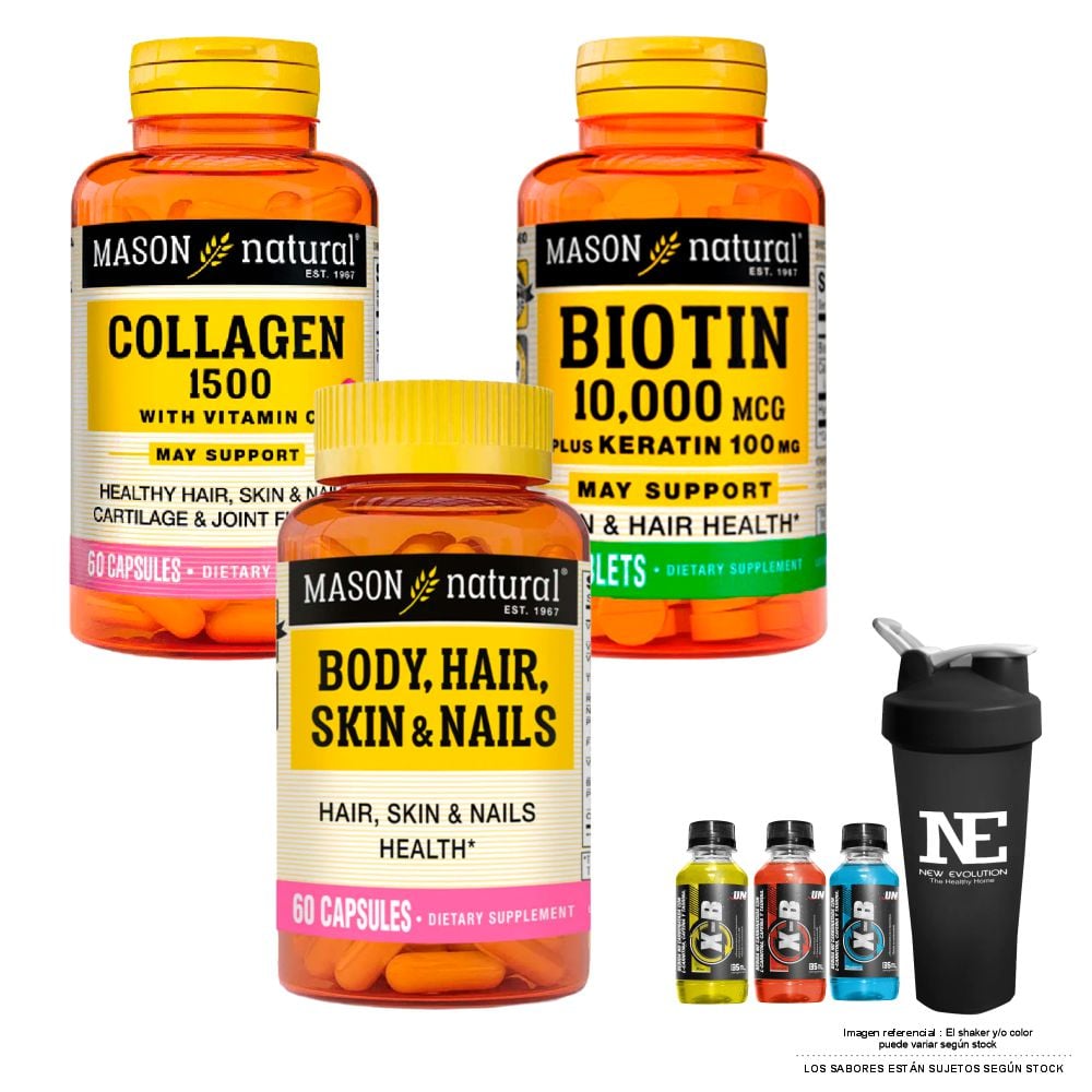 COMBO VITAMINAS MASON - COLÁGENO 1500 PLUS + BIOTINA 10,000 PLUS KERATINA + MULTIVITAMÍNICO PARA CABELLO, PIEL + SHAKER - 1