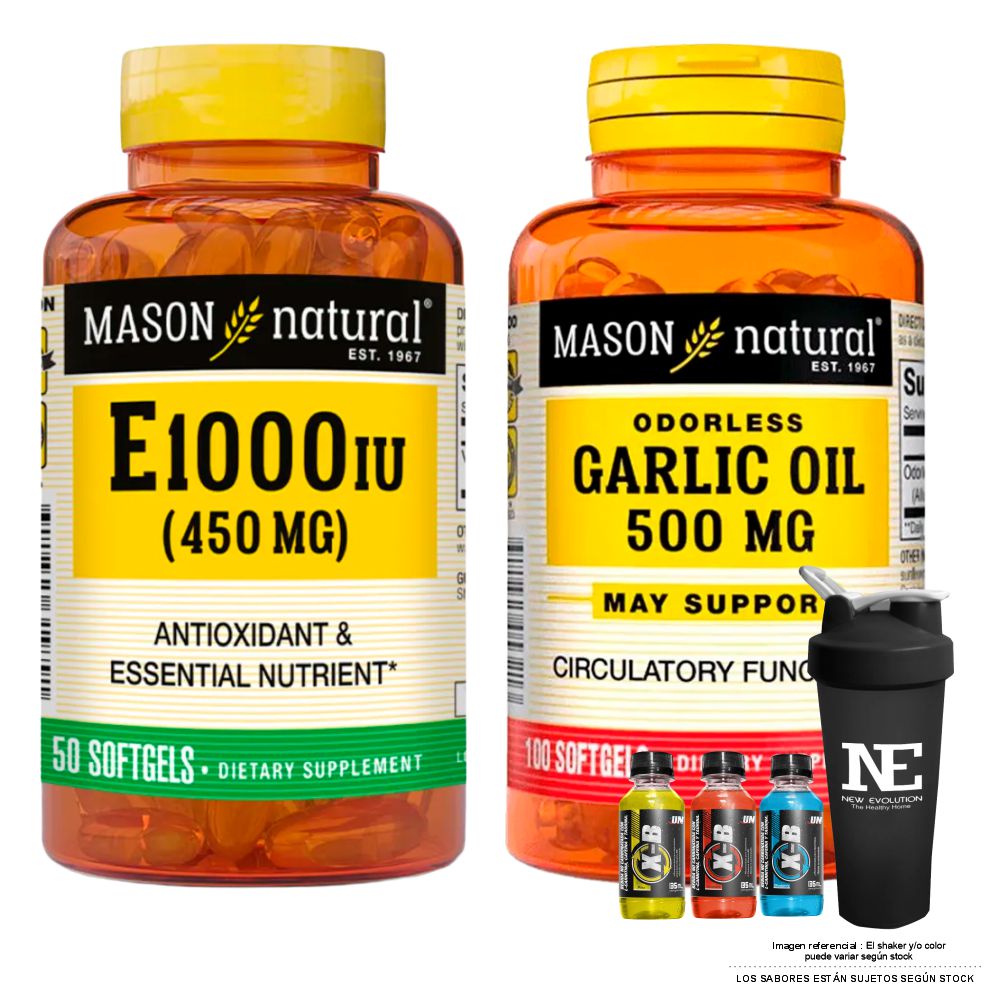 COMBO VITAMINAS MASON NATURAL - VITAMINA E-1000 UI (450 MG) (50 SOFTG) + ACEITE DE AJO 500 MG (100 SOFTG) + SHAKER - 1