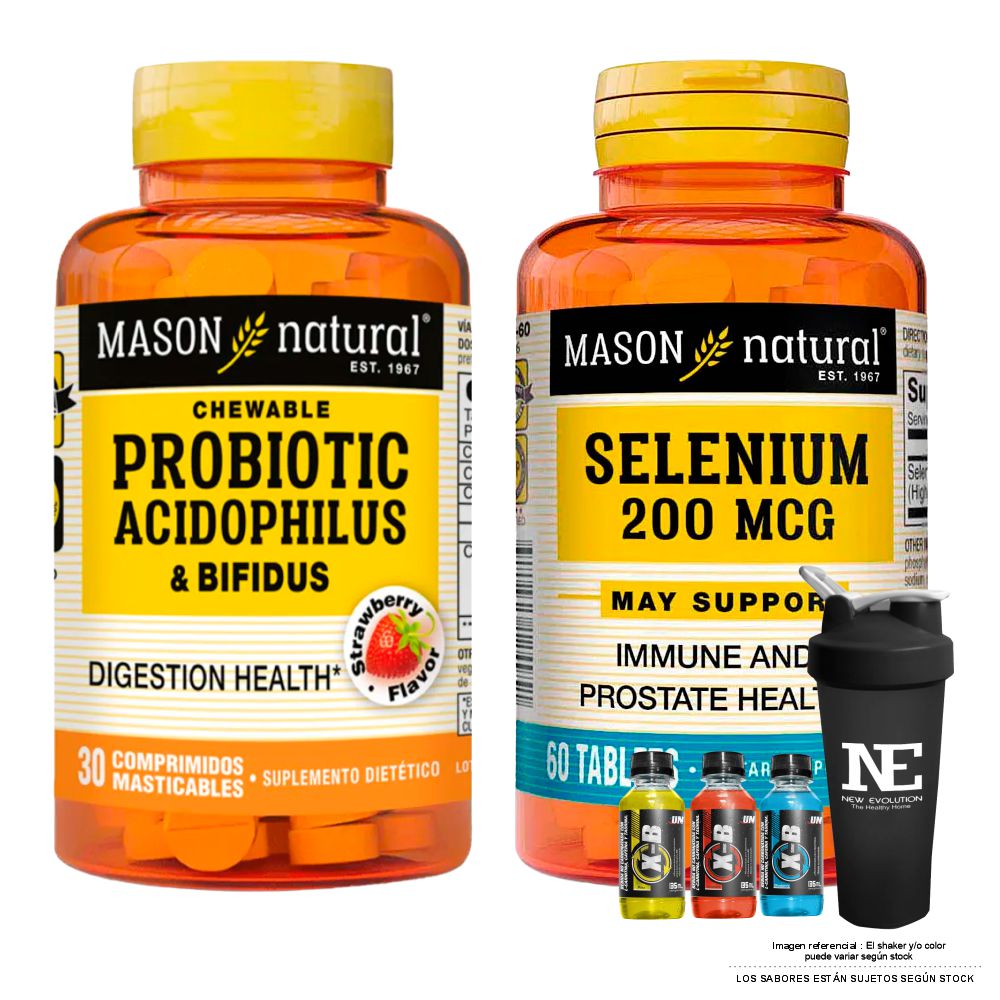 COMBO VITAMINAS MASON NATURAL - PROBIÓTICO ACIDOPHILUS Y BIFIDUS (30 COMP MAST) + SELENIO 200 MCG (60 TAB) + SHAKER - 1