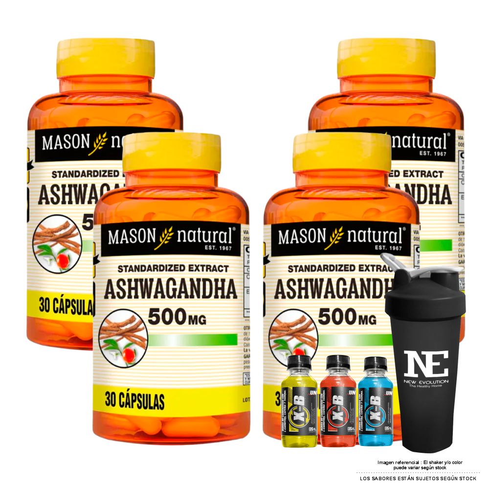 COMBO VITAMINAS MASON NATURAL - 4 ASHWAGANDHA 500 MG (30 CAP) + SHAKER - 1