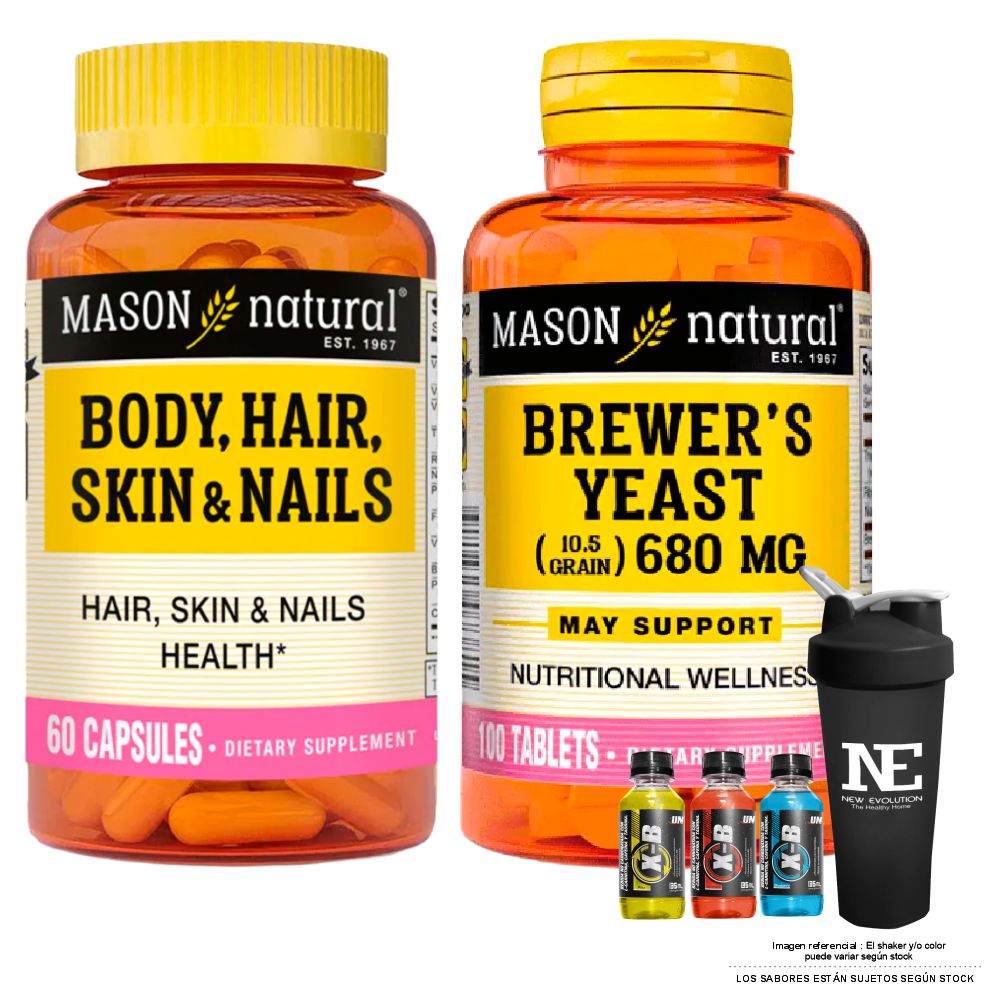 COMBO VITAMINAS MASON NATURAL - MULTIVITAMÍNICO PARA CABELLO, PIEL Y UÑAS + LEVADURA DE CERVEZA 680 MG (100 TAB) +SHAKER - 1