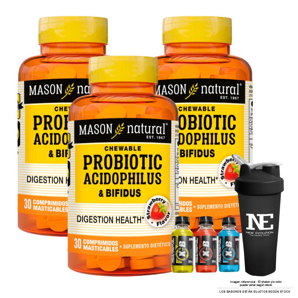 COMBO VITAMINAS MASON NATURAL - 3 PROBIÓTICO ACIDOPHILUS Y BIFIDUS (30 COMP MAST) + SHAKER - 1