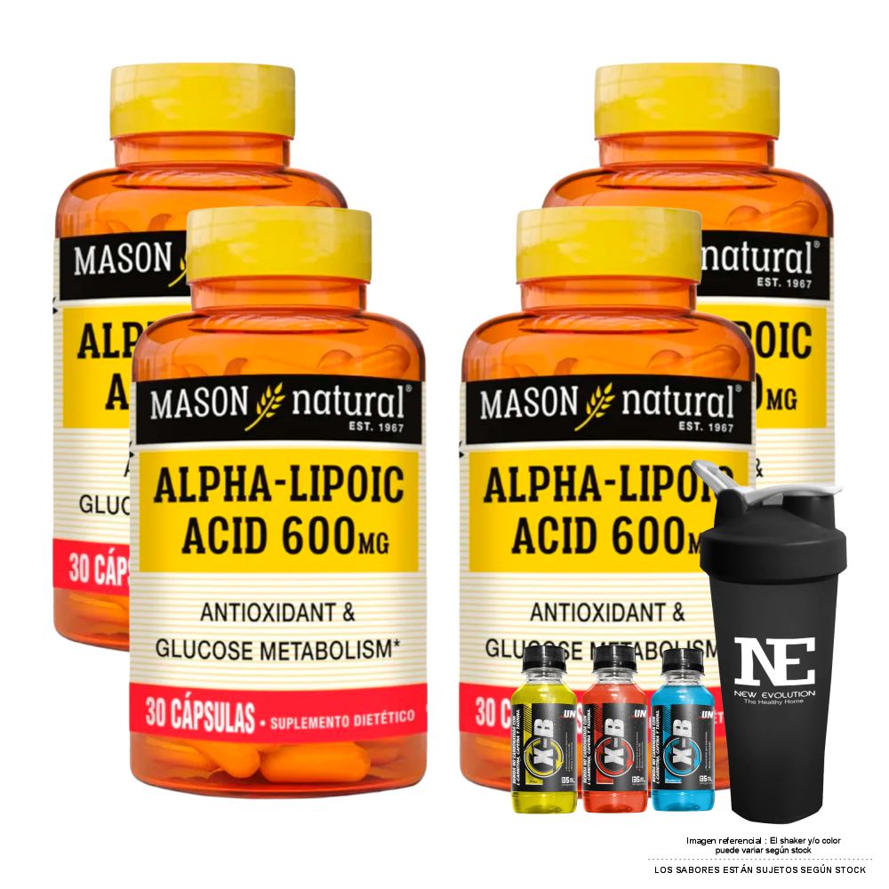 COMBO VITAMINAS MASON NATURAL - 4 ÁCIDO ALFA LIPOICO 600 MG (30 CAP) + SHAKER - 1