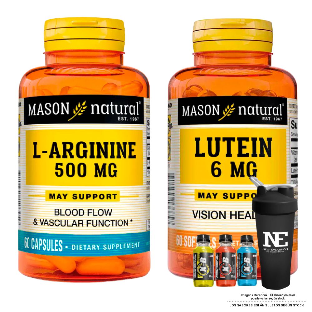 COMBO VITAMINAS MASON NATURAL - L-ARGININA 500 MG (60 CAP) + LUTEÍNA 6 MG (60 SOFTG) + SHAKER - 1