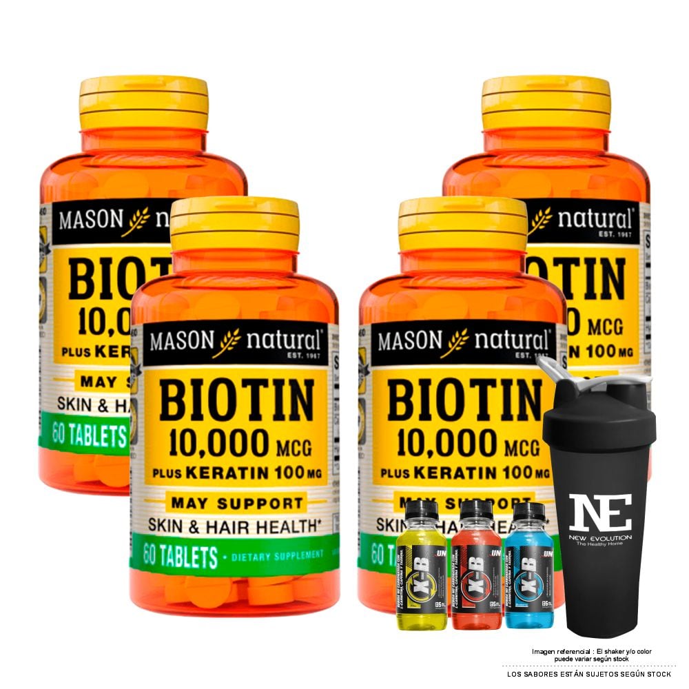 COMBO VITAMINAS MASON NATURAL - 4 BIOTINA 10,000 PLUS KERATINA 100 MG (60 TAB) + SHAKER - 1