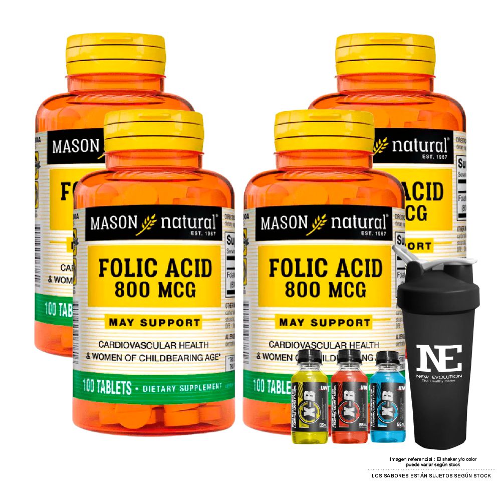 COMBO VITAMINAS MASON NATURAL - 4 ÁCIDO FÓLICO 800 MCG (100 TAB) + SHAKER - 1