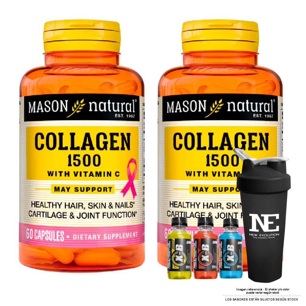 COMBO VITAMINAS MASON NATURAL - 2 COLÁGENO 1500 PLUS + BIOTINA + VITAMINA C (60 CAP) + SHAKER - 1