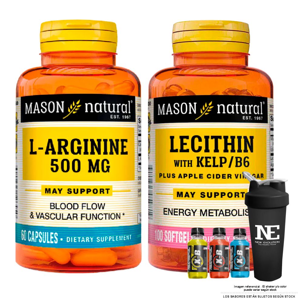 COMBO VITAMINAS MASON NATURAL - L-ARGININA 500 MG (60 CAP) + LECITINA KELP B6 (100 SOFTG) + SHAKER - 1